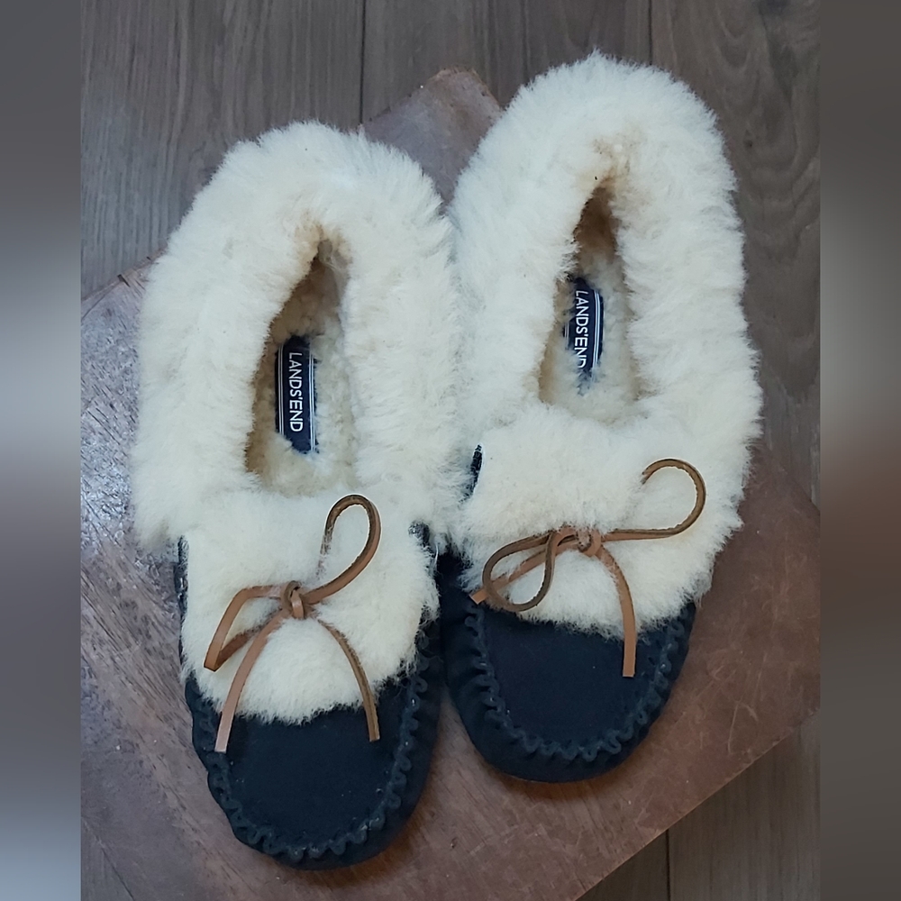 Lands' End Black Suede Moccasin Slippers with Cream Sherpa Trim